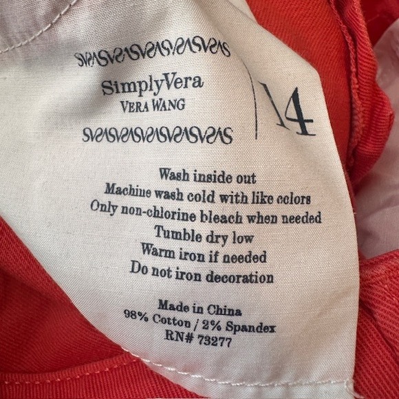 Simply Vera Vera Wang Women's Orange Coral Straight Stretch Jeans 14 Summer - Picture 10 of 10